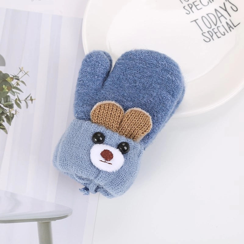 0-3 Years Old Cute Ears Bear Cartoon Children’s Gloves Winter Knitted Wool Double Plus Velvet Padded Warm