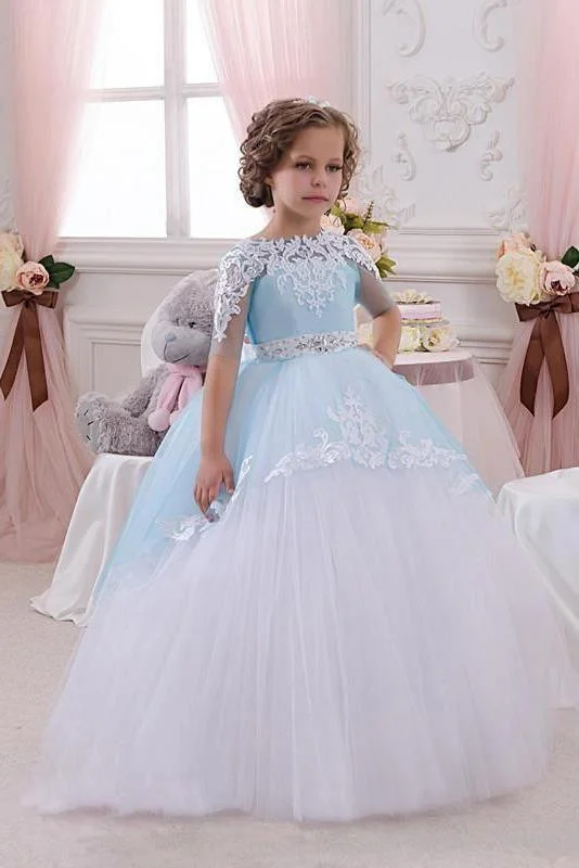 Hellodresses Scoop Neck 1/2 Sleeve Ball Gown Flower Girls Dress Lace with Lace Buttons
