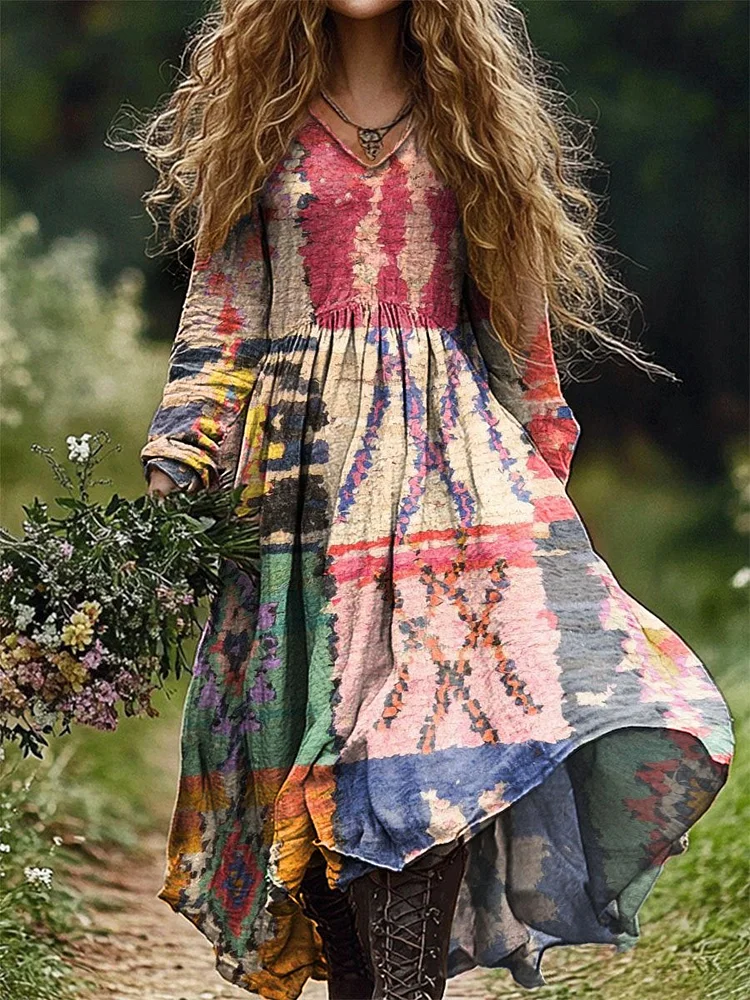 Women's Moroccan Block Print Pocket Cotton Dress