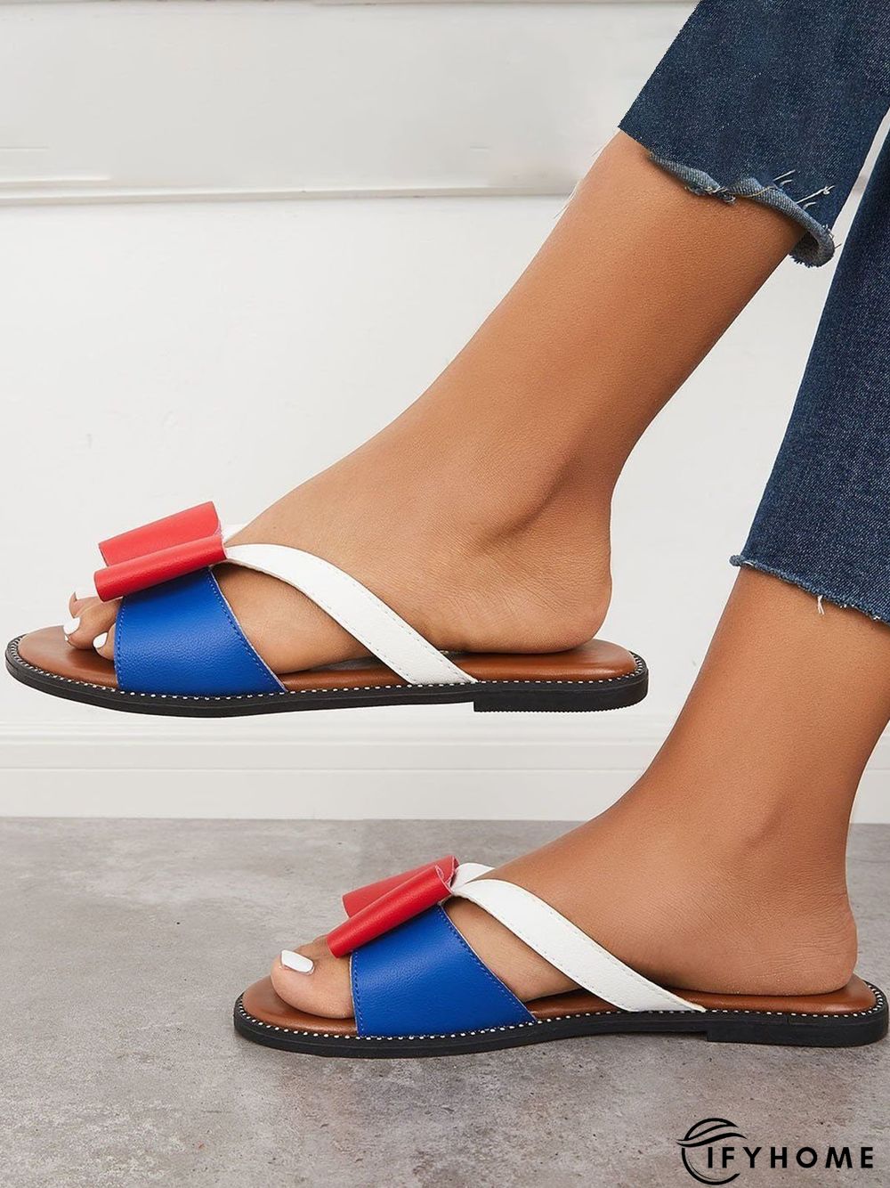 Contrast Paneled Bow Flat Slippers | IFYHOME
