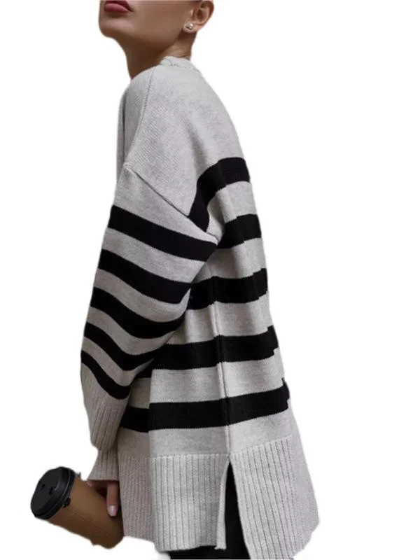 Nigikala Nigikala Autumn And Winter Women's Clothing Jacket Loose Round Collar Bump Color Knitted Striped Sweater Woman