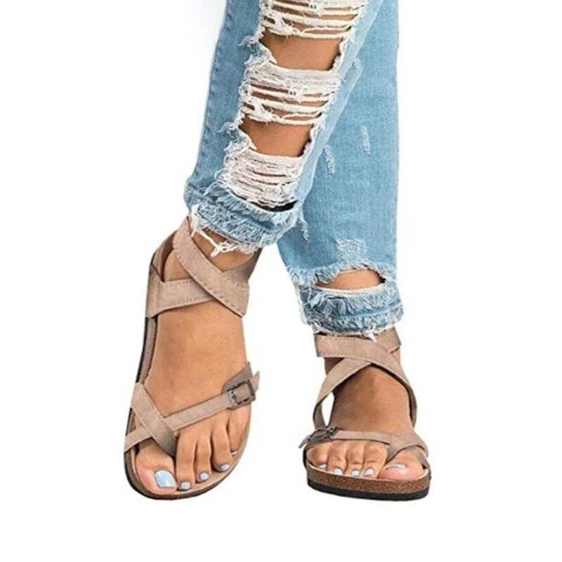 Summer Women Thong Sandals Gladiator Cross Ankle Strap Sandals Platform Metal Buckle Flats Ladies Beach Shoes Plus Size