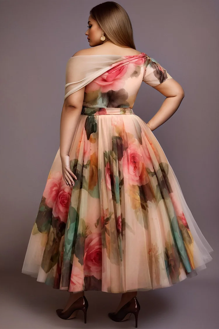 Xpluswear Design Plus Size Wedding Guest Multicolor Floral Off The Shoulder Pocket Tulle Midi Dresses [Pre-Order]