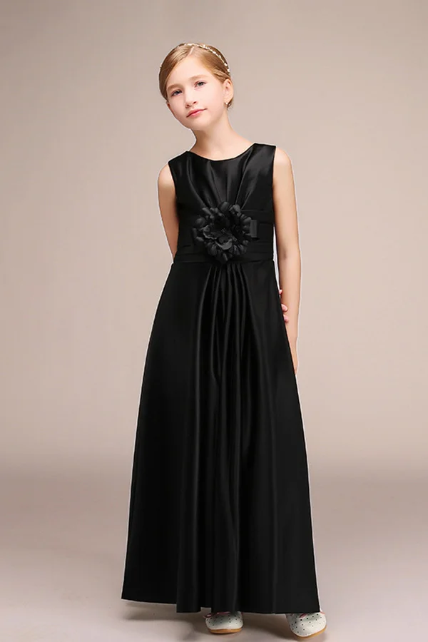 Hellodresses Jewel Sleeveless Ankle Length Flower Girl Dress with Handmade Flower 