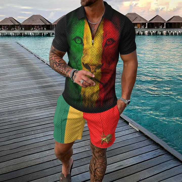Broswear Color Contrast Rasta Lion Polo Shirt And Shorts Co-Ord