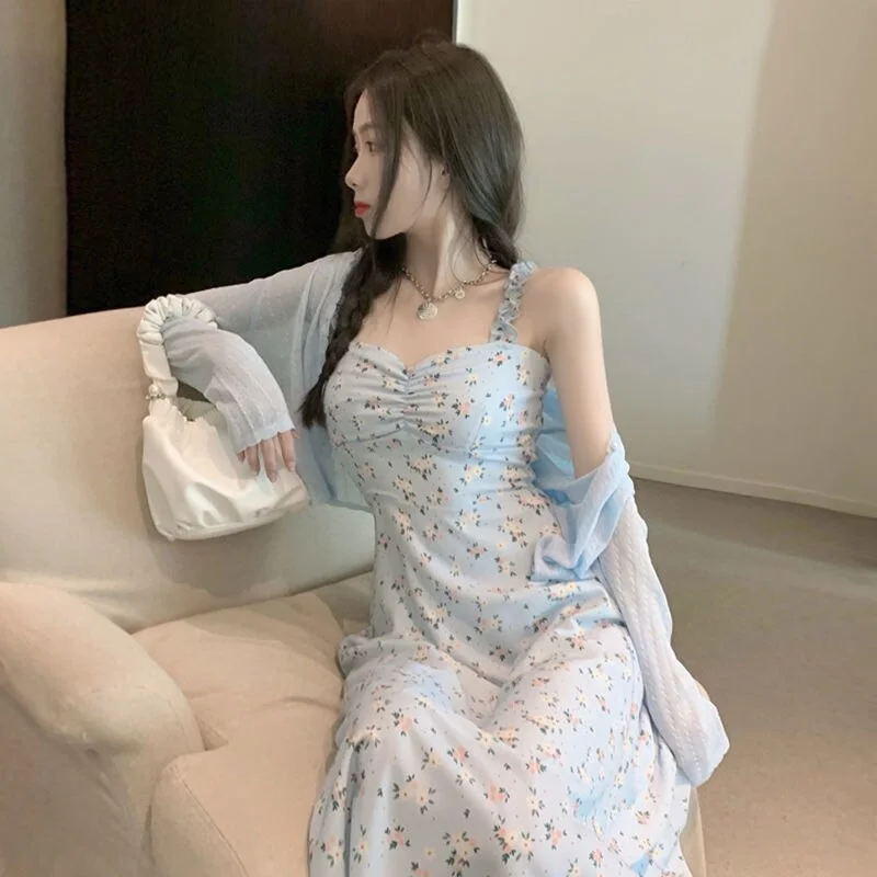 Dress Women Temperament Floral Summer Soft High Waist Chiffon Sweet Chic A-line Casual Spaghetti Strap Female French Style Retro