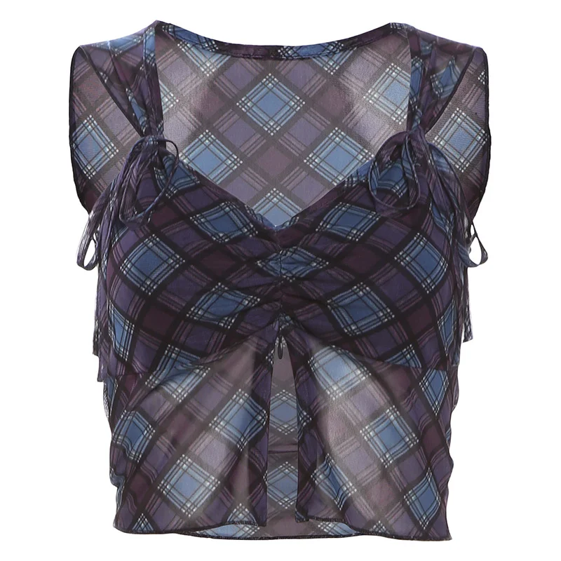 Toloer Toloer Summer New Women's Wear Waist Draw Pleated Plaid Crop Small Vest Slim Skirt-Outfit Ideas