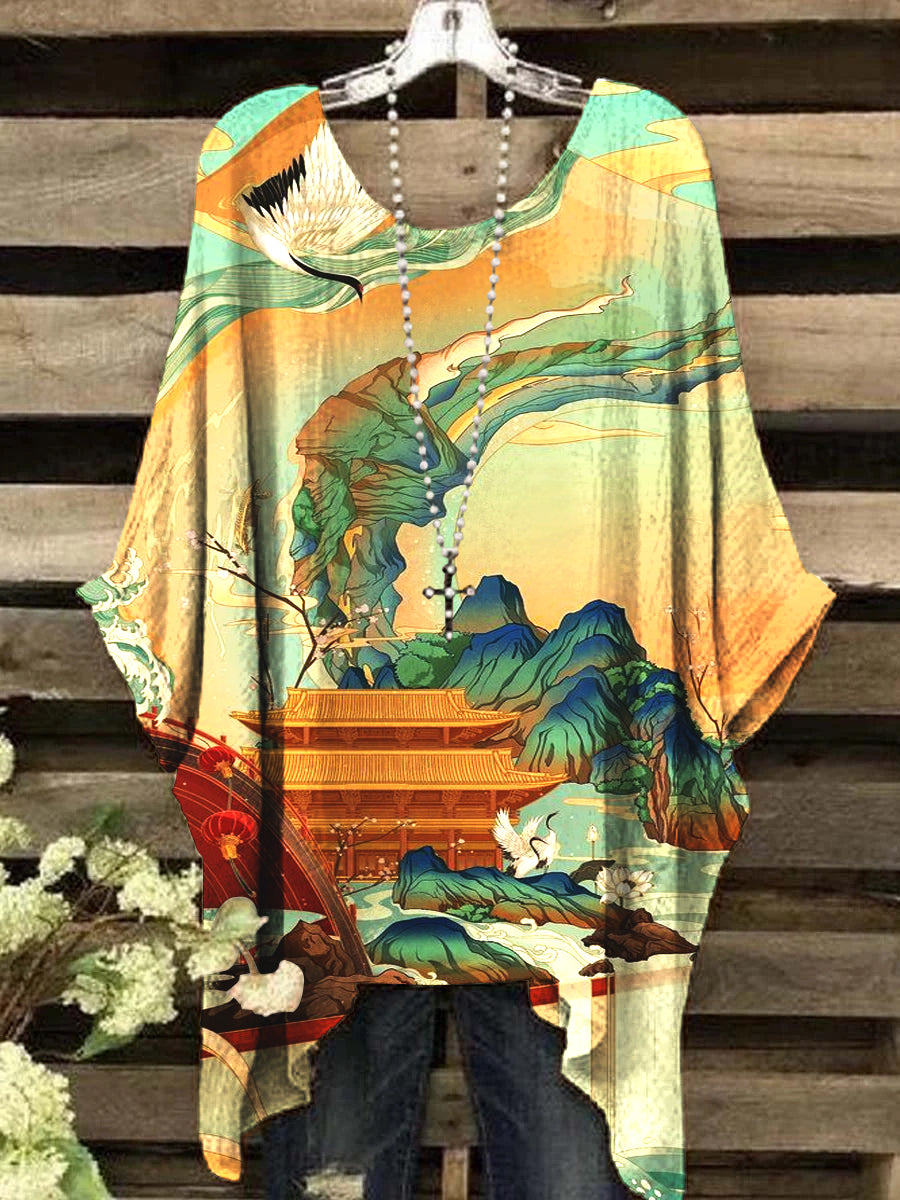 Women's Vintage Round Neck Blouse with Embroidery Pattern