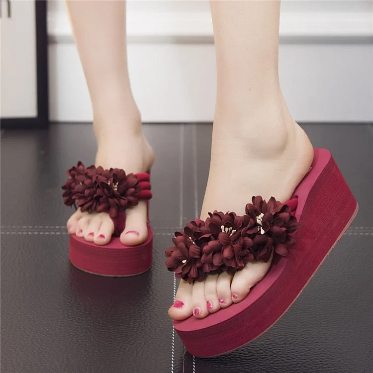 New Handmade Women Sandals Fashion Flower Summer Sandals Women Wedges Flip Flops Platform Beach Non-Slip Flowers Slippers Shoes