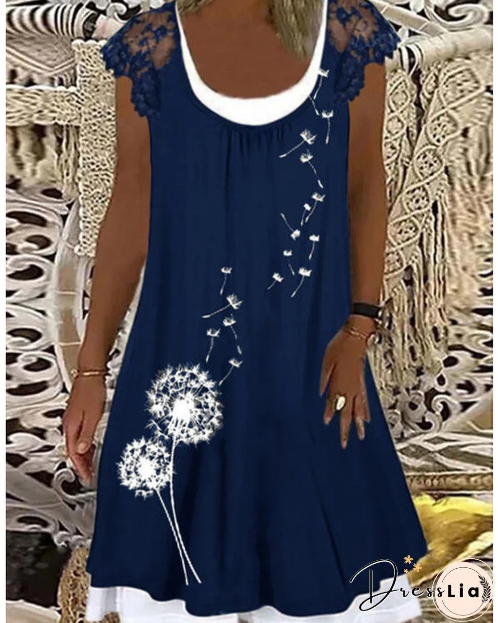 Fake Two Piece Printed Crew Neck Lace Dress