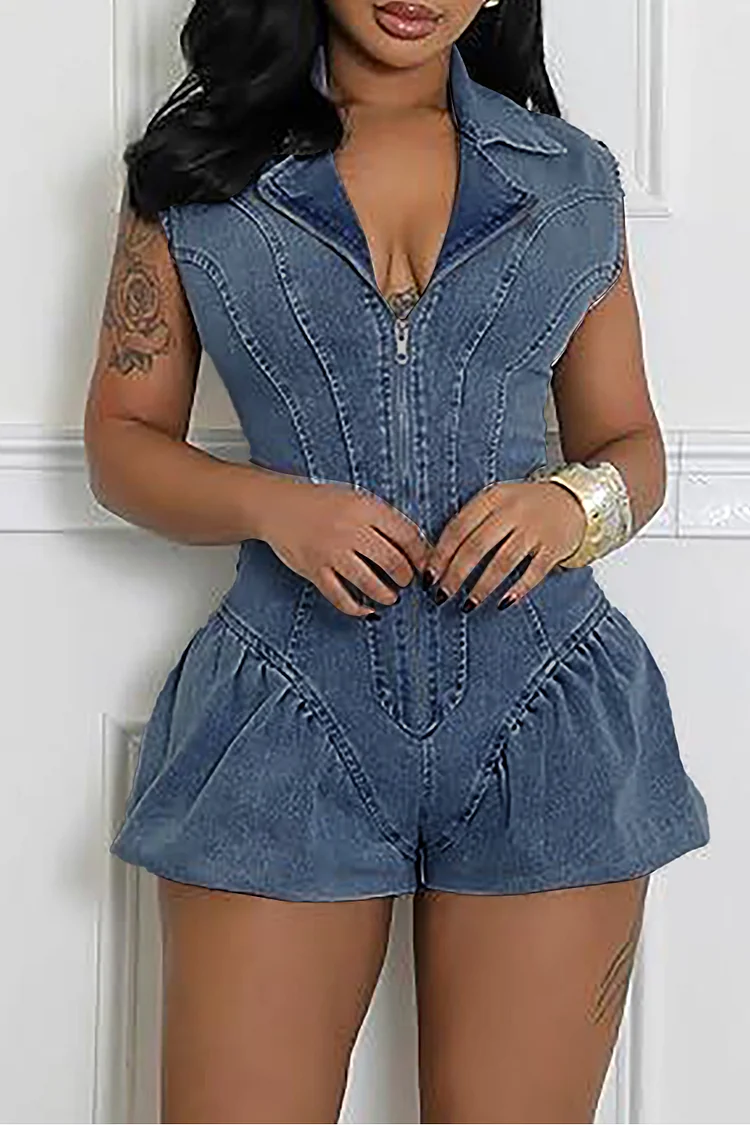 Notch Collar Sleeveless Zipper Cinch Waist Denim Playsuit Romper-Blue