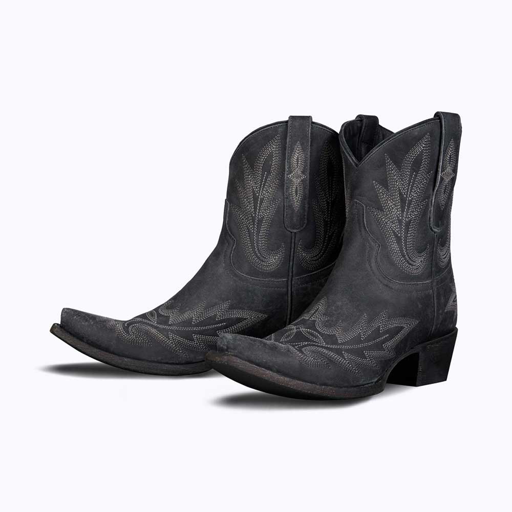 Black Snip Toe Chunky Heel Embroidered Pull Tab Cowgirl Boots Nicepairs