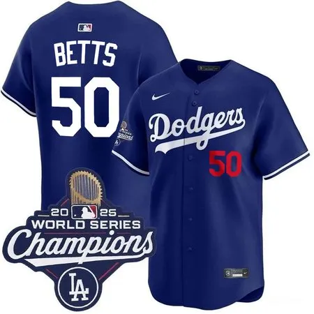 Youth Los Angeles Dodgers #50 Mookie Betts  Royal 2025 World Series Champions Home Limited Jersey