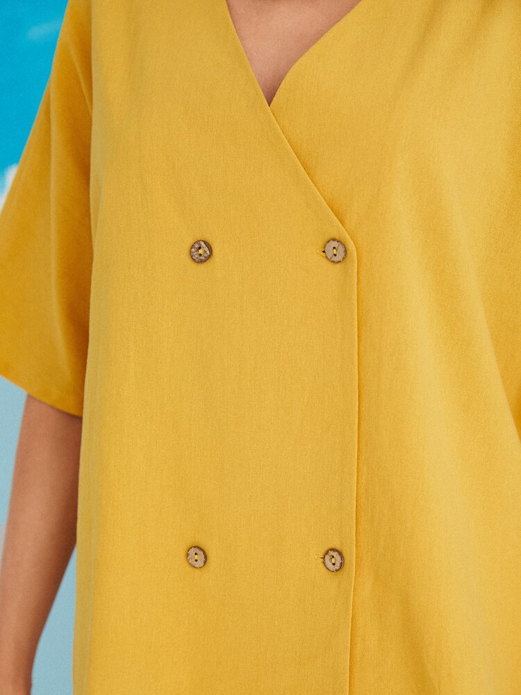 Solid Color Buttons V neck Cotton Casual Loose Shirt for Women P1848611