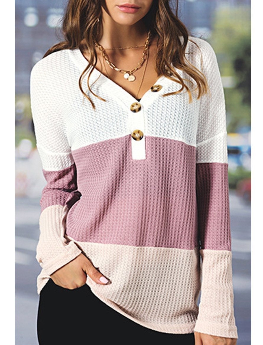 V-neck Pullover Color Block Sweater - VSMEE