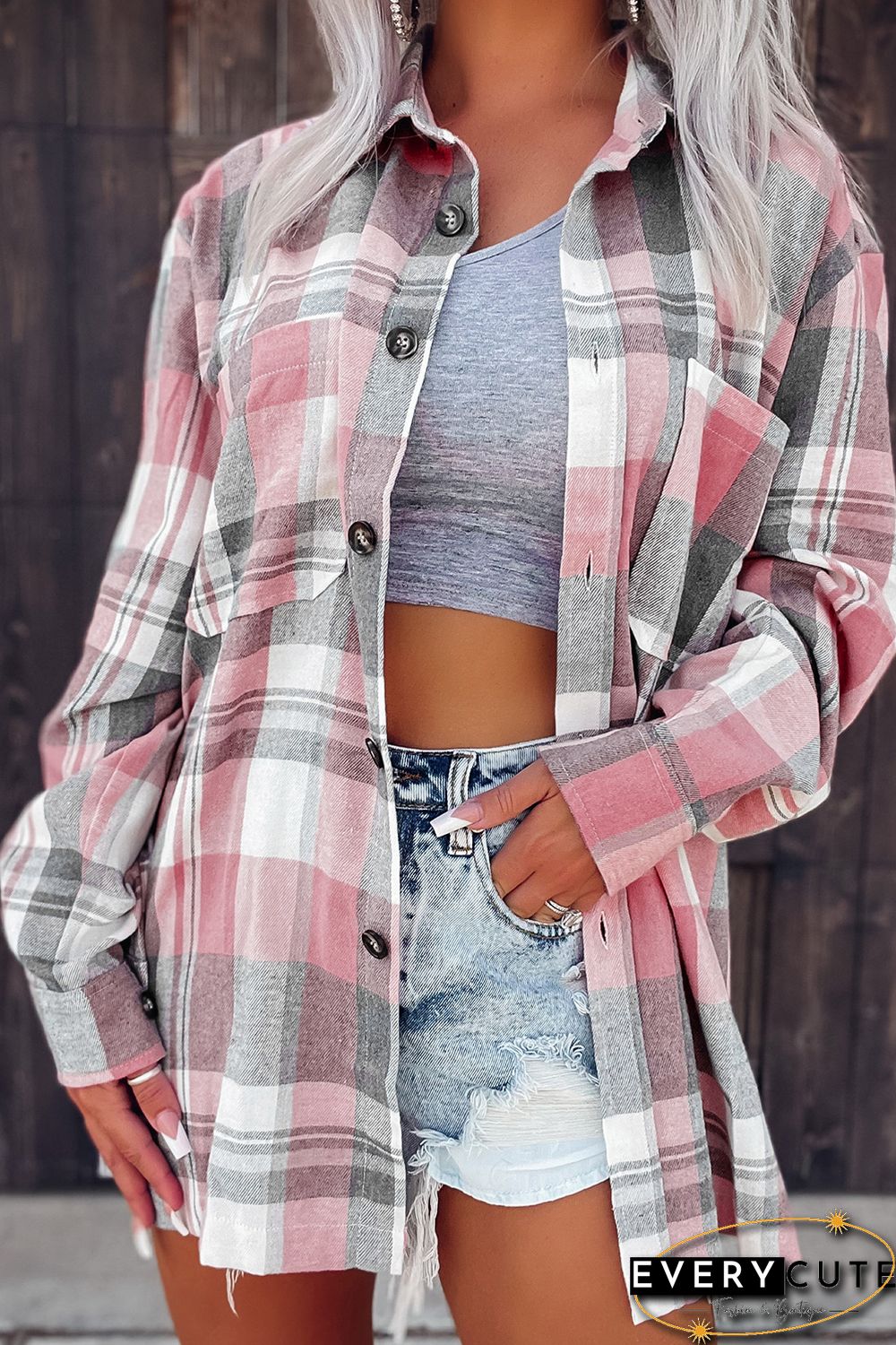 Pink Plaid Button Up Patch Pocket Shirt