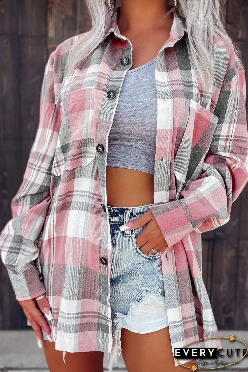 Pink Plaid Button Up Patch Pocket Shirt