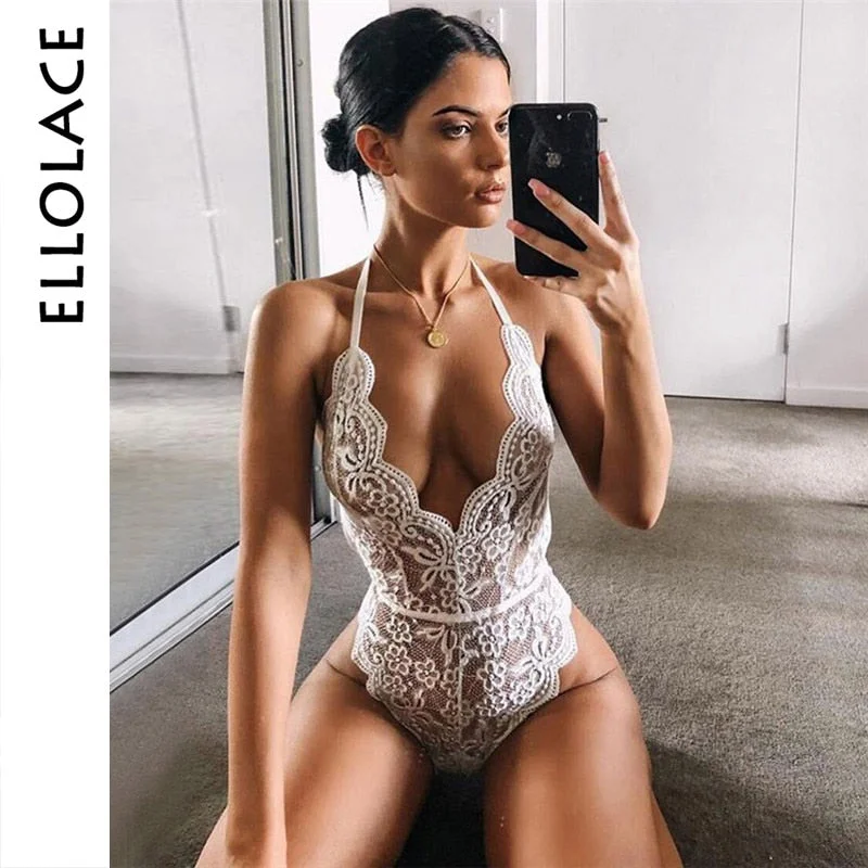Ellolace Bodysuit Women Overalls for Women 2022 Lace Deep-V Neck Bodys Bodycon Sleeveless Backless Sexy Body for Women Wholesale