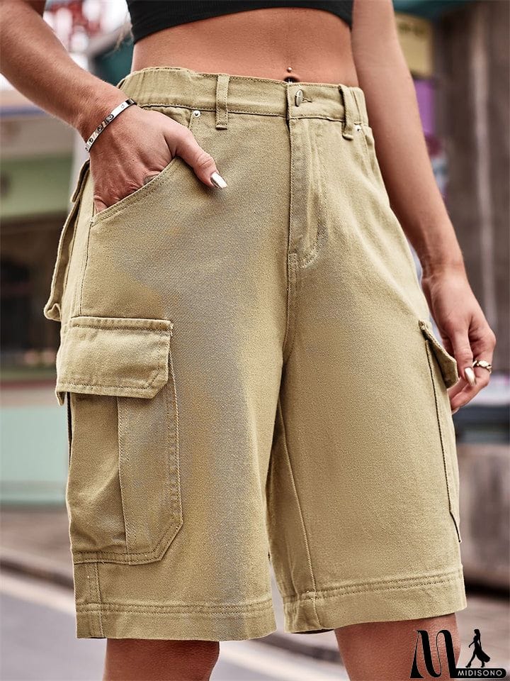 MidiSono - Fashionable Cozy Elastic Short Cargo Pants for Ladies