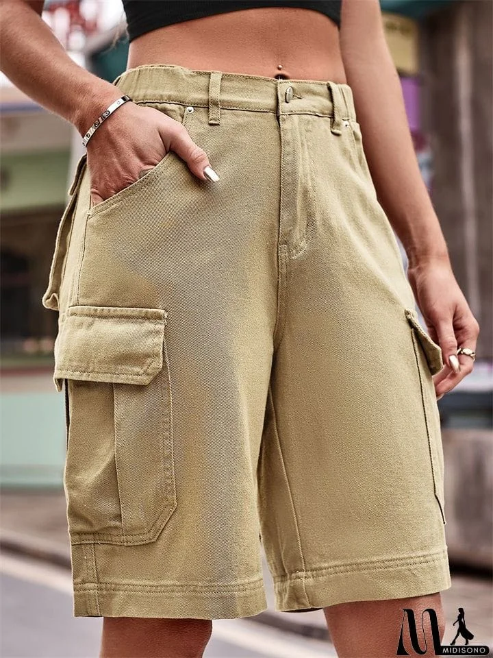 MidiSono - Fashionable Cozy Elastic Short Cargo Pants for Ladies