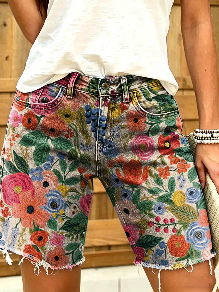 Women's Colorful Floral Print Denim Bermuda Shorts