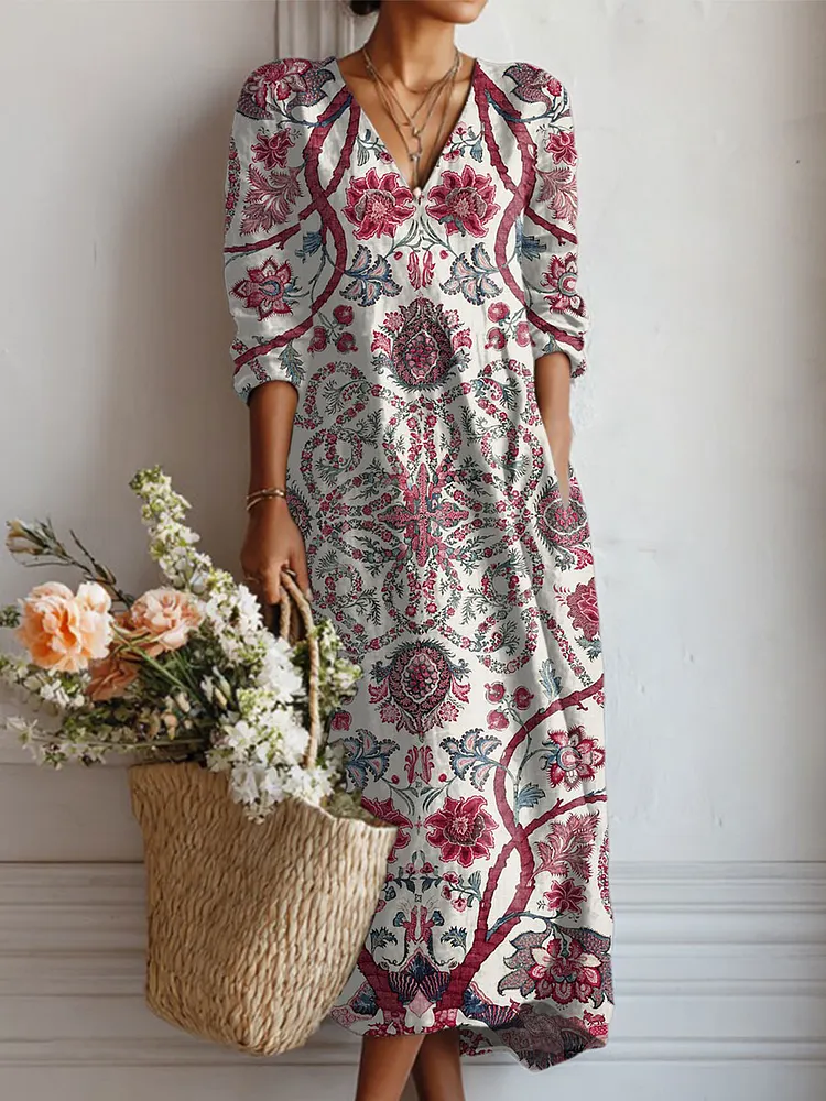 Women's Vintage Flower Art Print Linen Pocket Dress