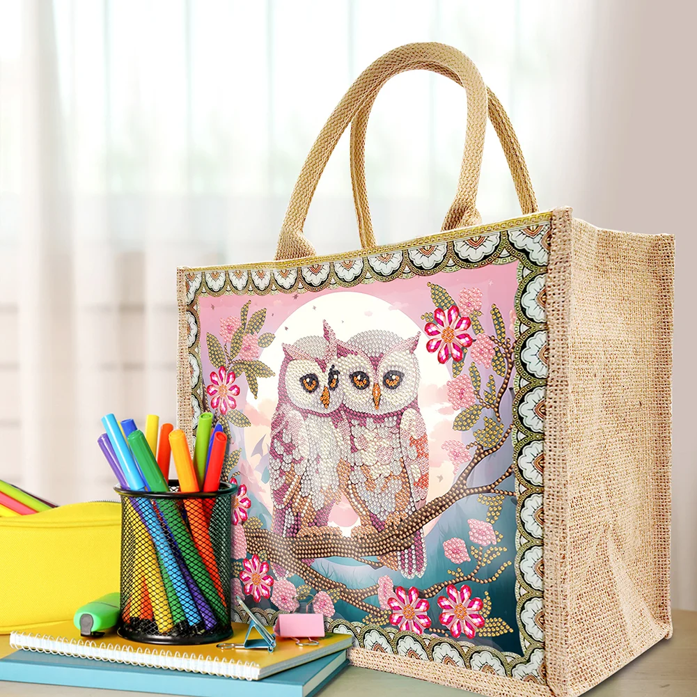 Linen Garden Owl Diamond Art Large Capacity Handbag Birthday Gift for Friends