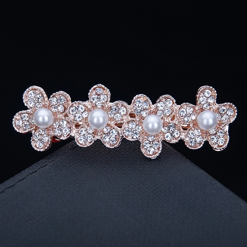 Korean Hair Accessories Rhinestone Bow Simple Hairpin Adult Pearl Horizontal Clip Ponytail Clip Top Clip Spring Clip Small