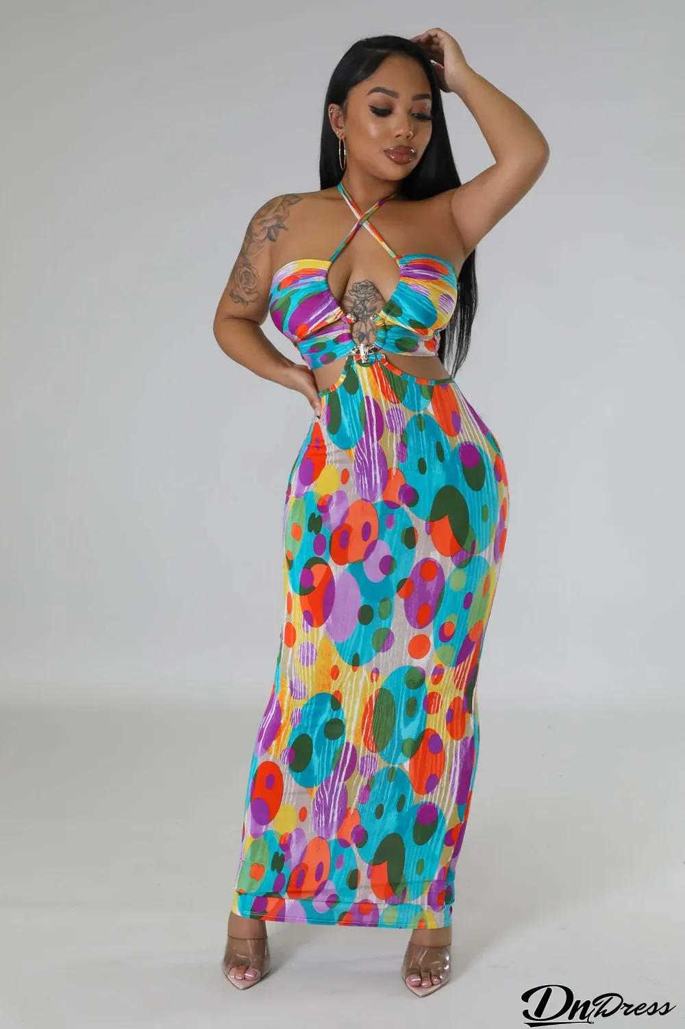 Ladies Printed Halter Open Waist Dress Nightclub Maxi Dress
