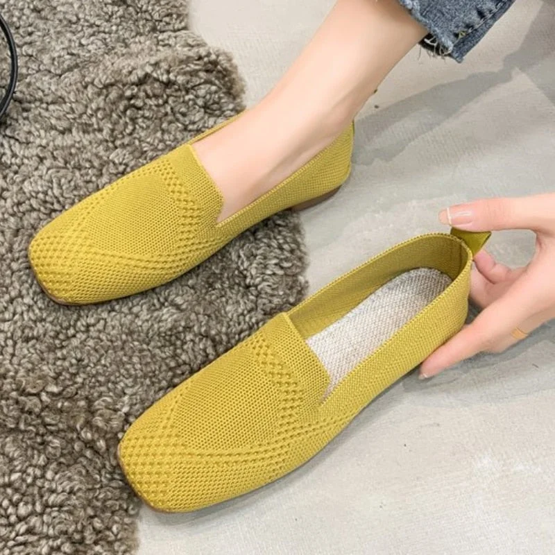 2023 Large Size Woven Women Single Shoes Spring and Autumn New Style Fly Woven Flat Square Head Cloth Shoes Knitted Soft Soles