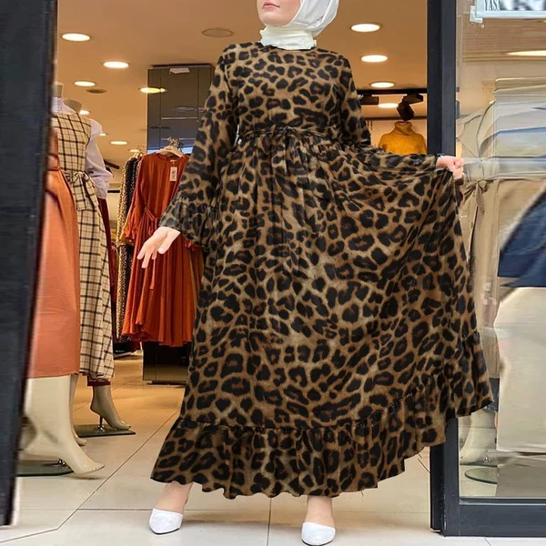 Women Muslim Dubai Islam Kaftan Flota Robe Leopar Printed Baggy Ruffle Hem Elegant Maxi Dress