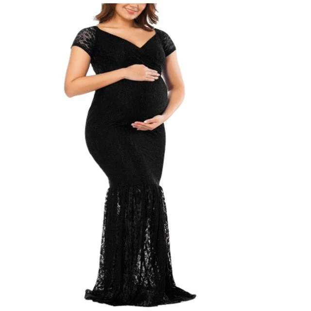 Maternity Gown  Baby Shower Dress for Women Pregnant  White Sexy Deep V-Neck Long Sleeve Lace Perspective Tight Tailed
