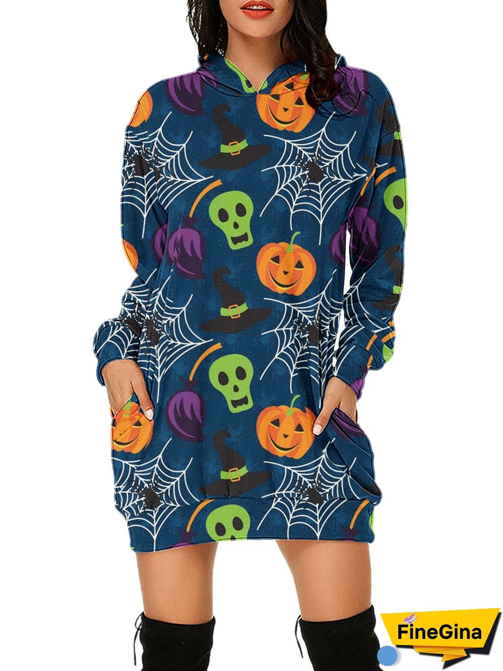 Women's  Halloween Graphic Printed V-Neck Hooded Long Sleeve Maxi Dress