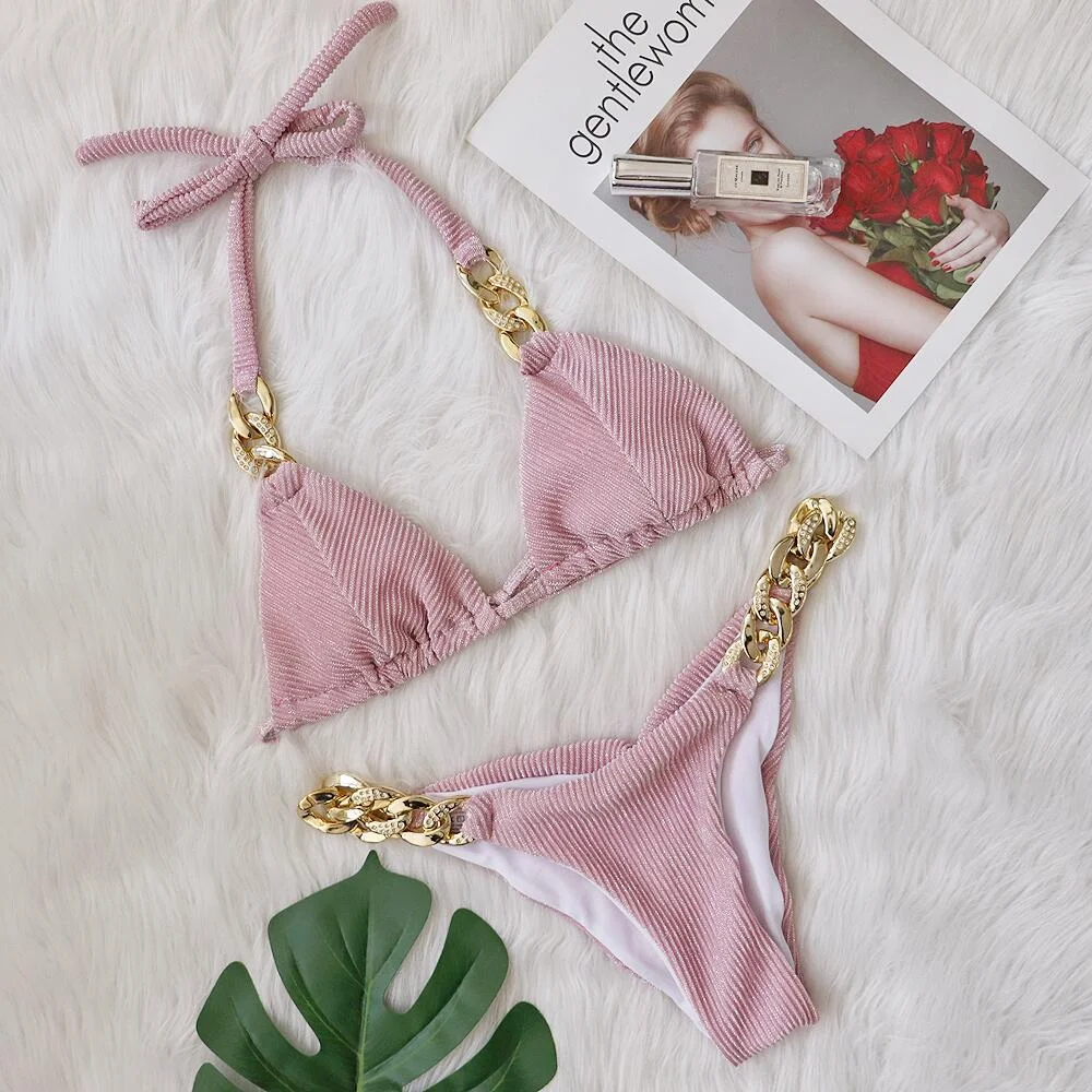 Brownm Brownm New Bikini, Gold Diamond Chain Split Swimsuit, Sexy Special Fabric Women's Swimsuit