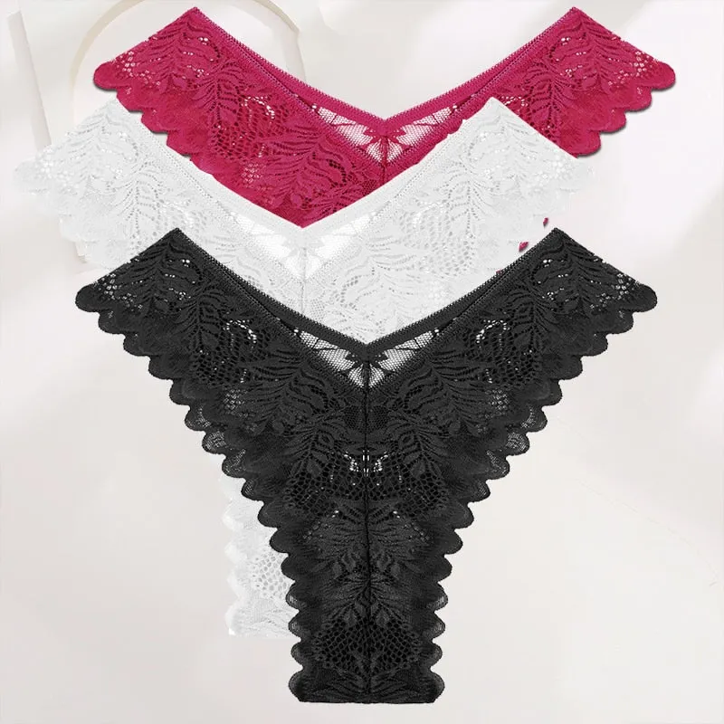 FINETOO 3PCS/Set Lace Gstring Panties Women Sexy M-XL Girls Thongs Perspective Temptation New Pantys Underwear Female Intimates