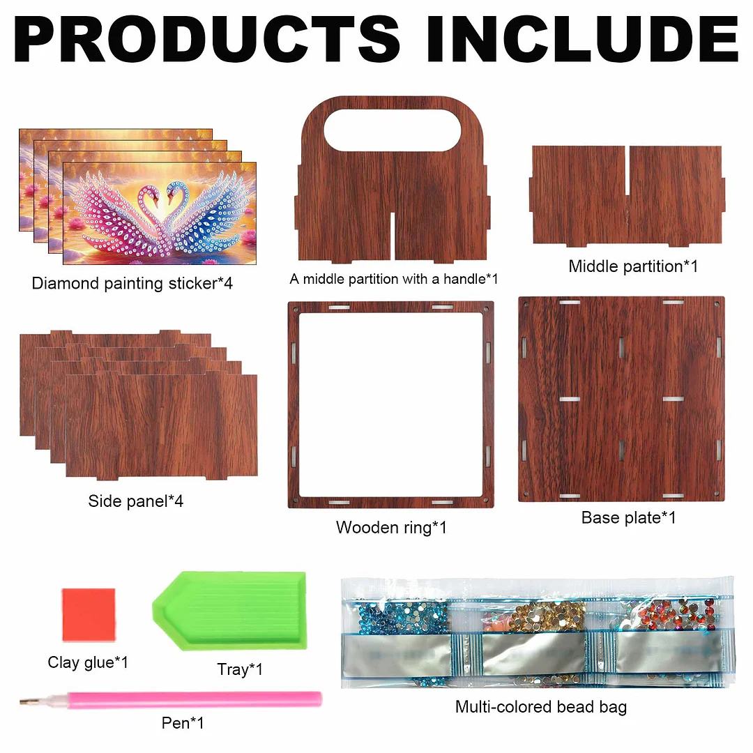 DIY Pink Blue Swan Wooden Diamond Painting Handheld Storage Box Kit Home Decor