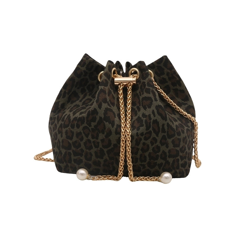 Women’s Cloth Leopard Basic Vintage Style Bucket String Shoulder Bag Crossbody Bag
