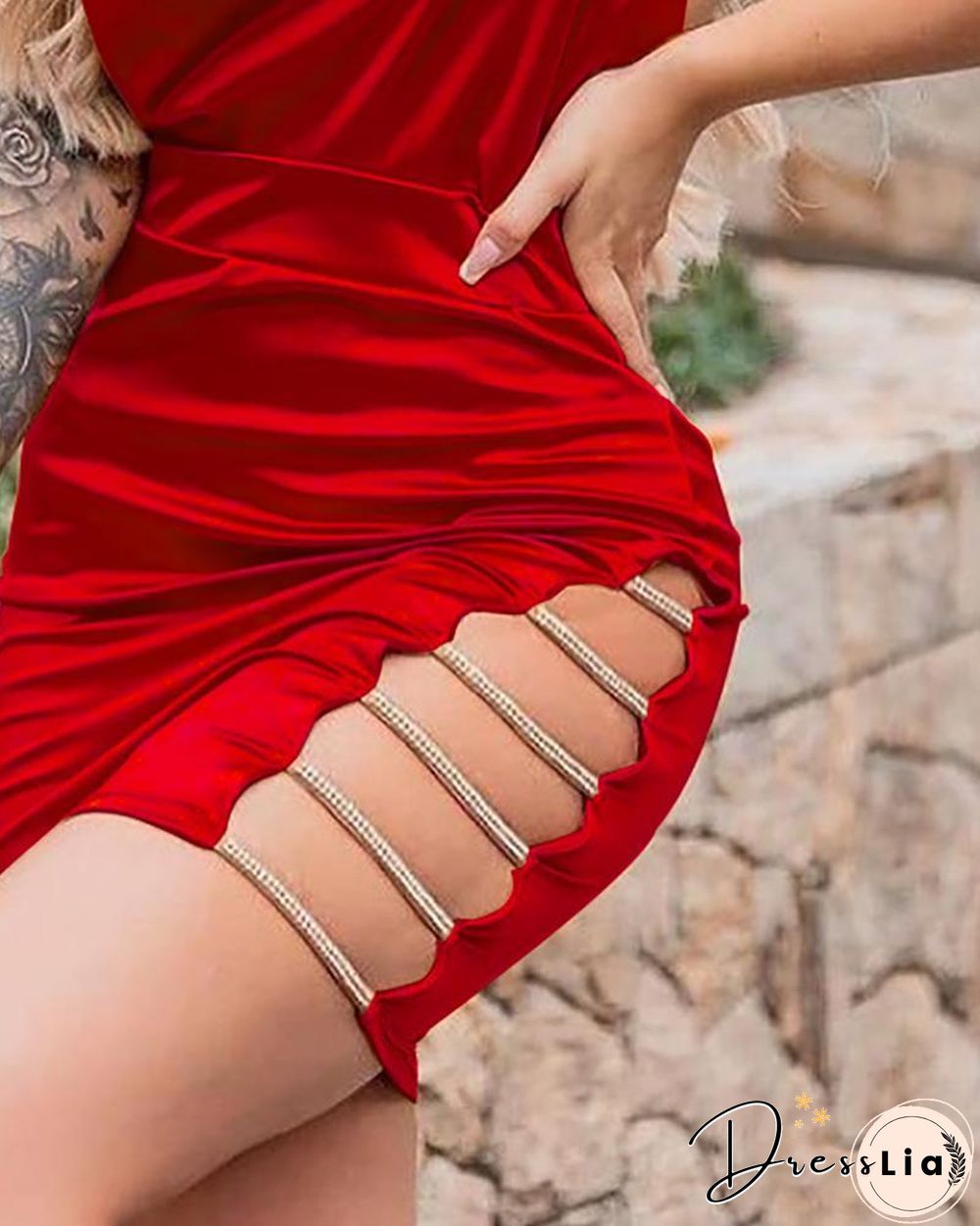 Studded Halter Cutout Ruched Bodycon Dress P15633