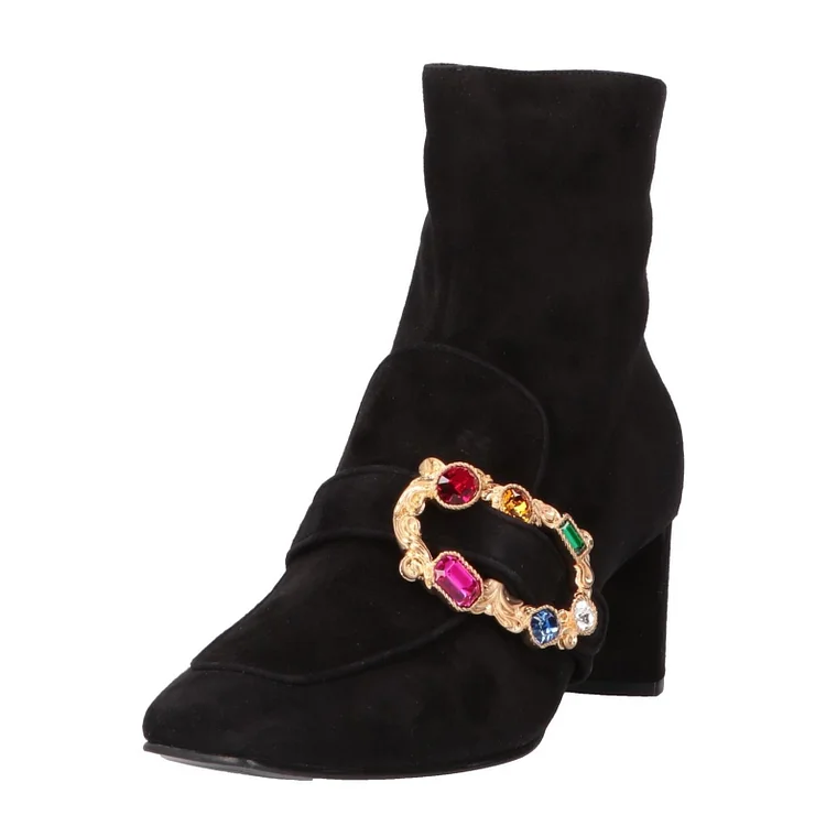 Colorful Rhinestone Buckle Black Vegan Suede Chunky Heels Ankle Boots |FSJ Shoes