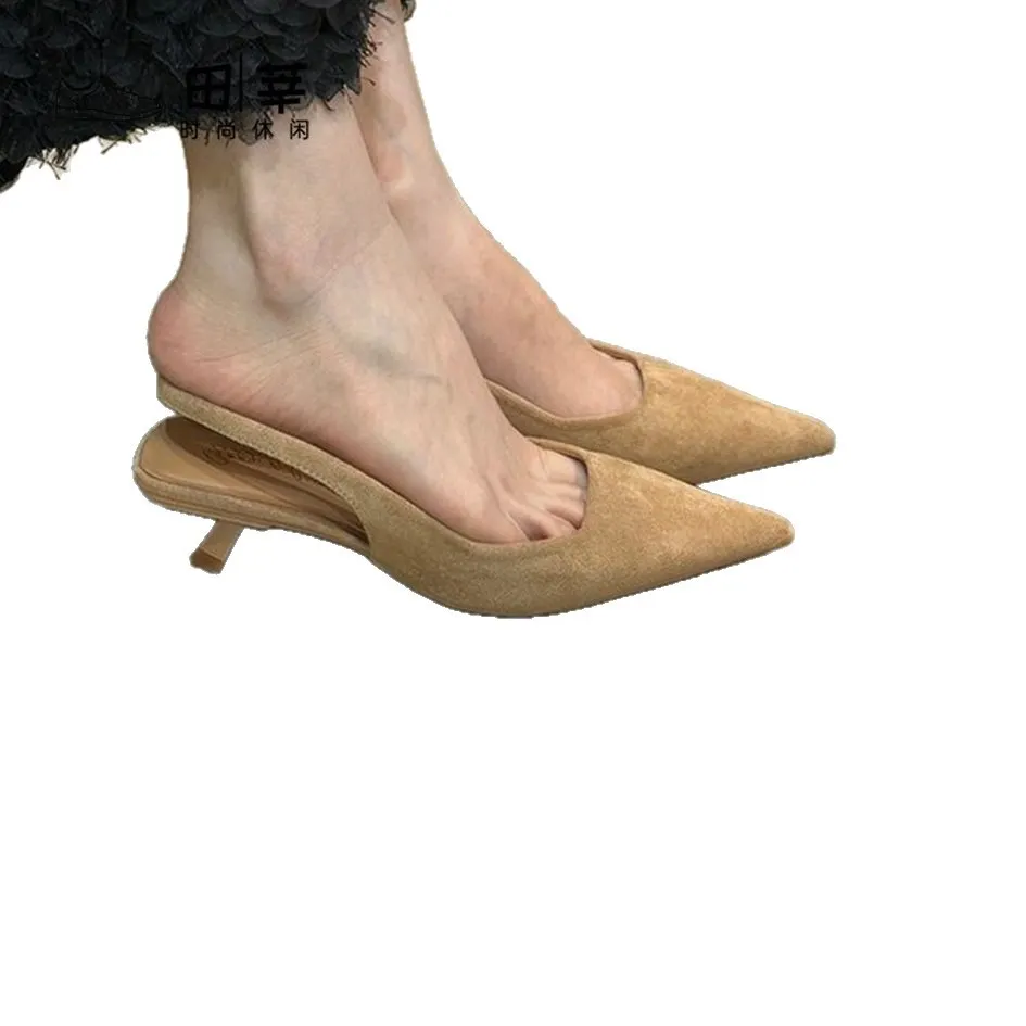 Breakj Breakj Retro Temperament Famous Head Pointed Sandals Women Summer Velvet Fine Heel Fairy High Heels Behind Empty Single Shoes