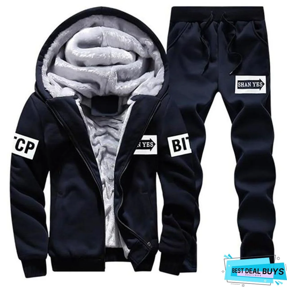 Men Fleece Warm Printed Coat Hooded Pullover Hoodie Sweatshirts Sweatpants Suit