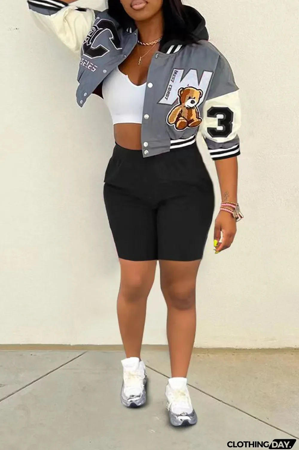 Purple Sexy Print Patchwork Hooded Collar Outerwear