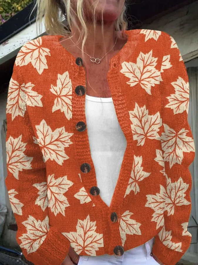 Women's Autumn Maple Leaf Knit Cardigan 