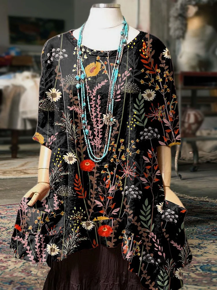 Women's Retro Floral Print Pocket Cotton Dress