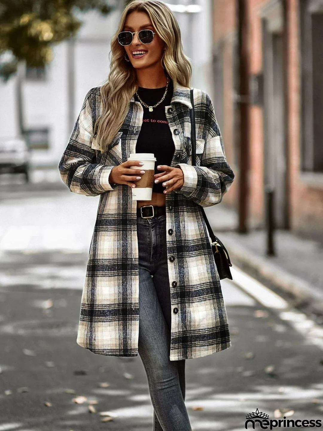 Plaid Button-Up Longline Jacket with Pockets