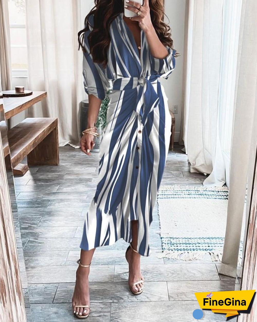 Tied Detail Ruched Striped Print Colorblock Shirt Dress P15972