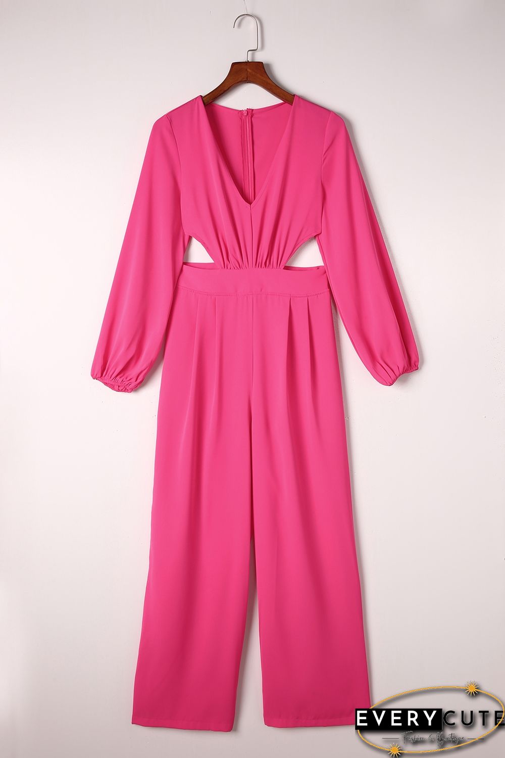 Red V Neck Bubble Sleeve Cut out Waist Wide Leg Jumpsuit