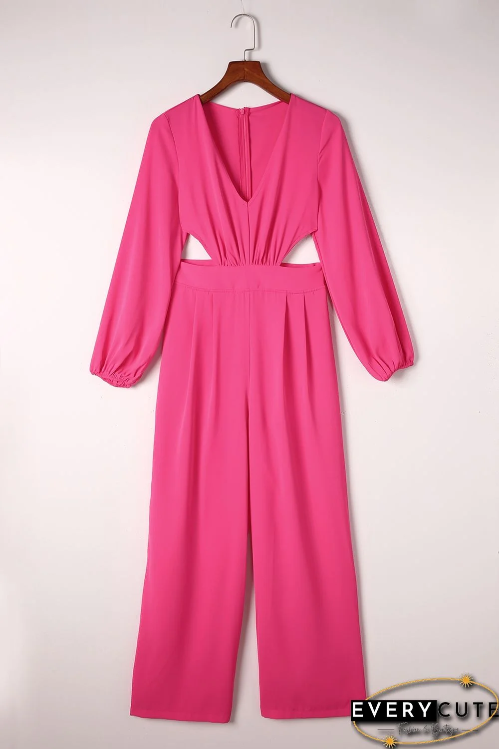 Red V Neck Bubble Sleeve Cut out Waist Wide Leg Jumpsuit