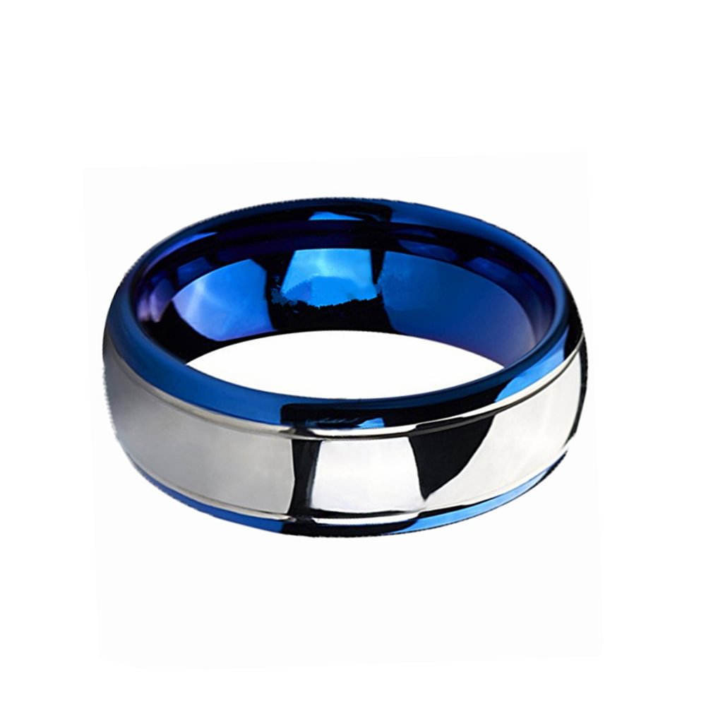 Couples Wedding Band Blue and Silver Dome Gunmetal Tungsten Carbide Ring