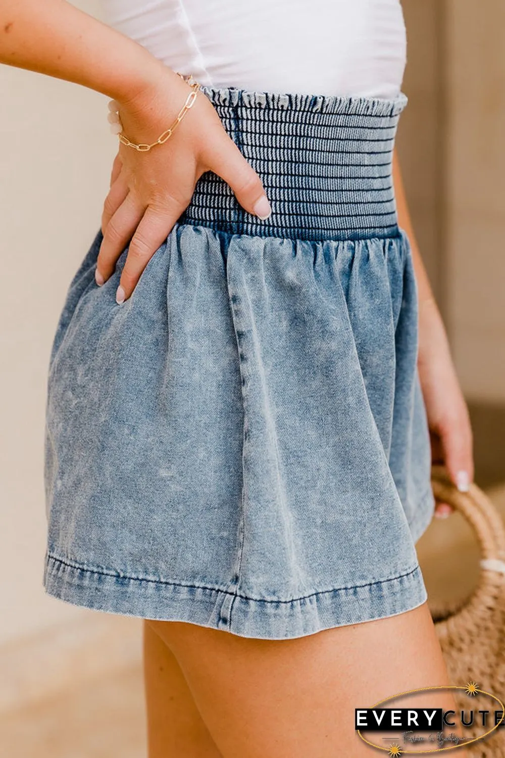 Blue Smocked High Waist Acid Wash Flared Denim Shorts